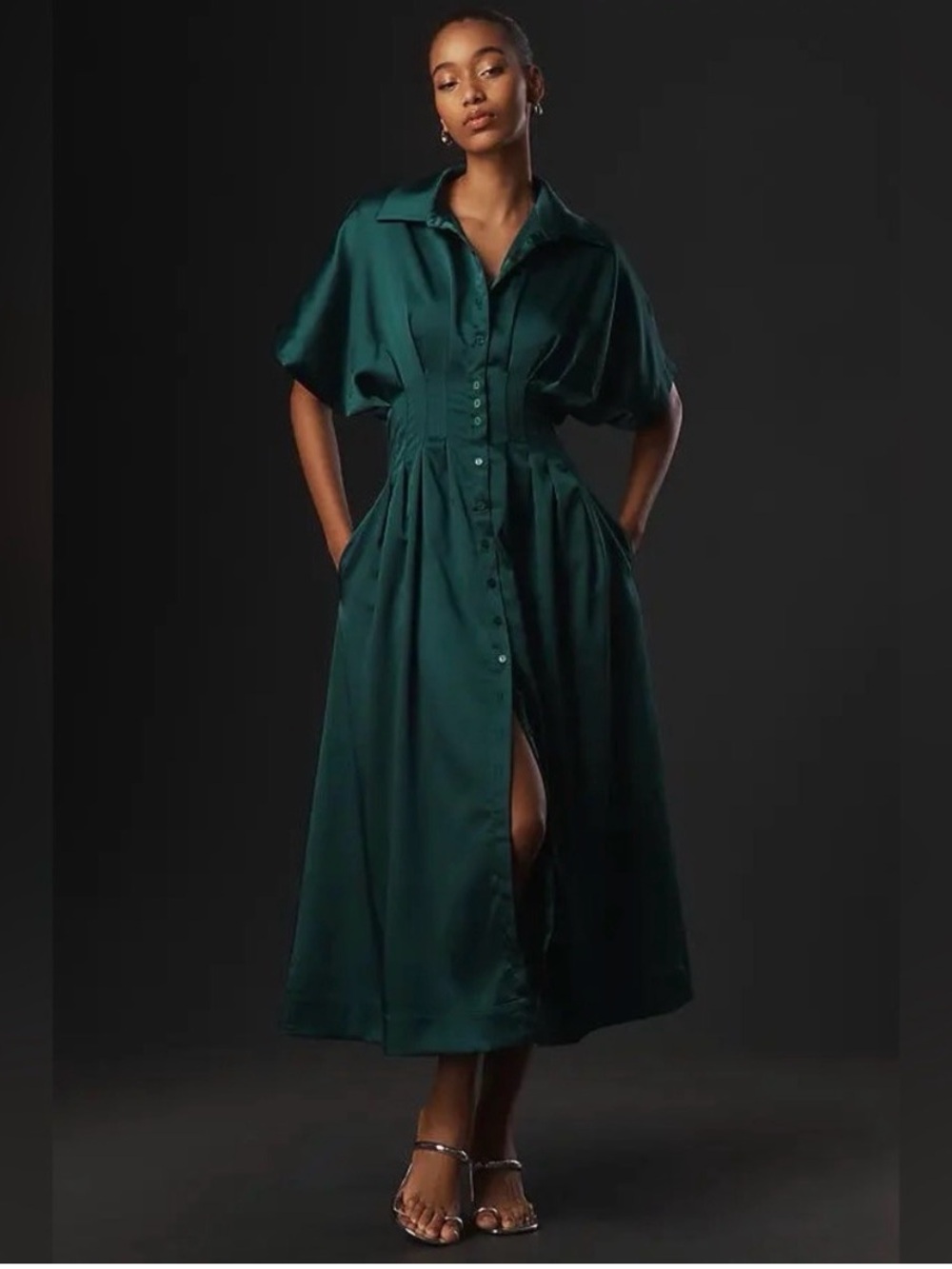 NWT Tobie Satin Shirt Dress by Exquise - Midi Dress in Rainforest Green